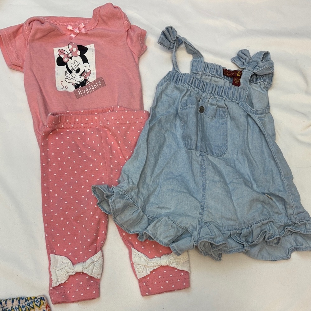Pink Minnie Mouse Outfit and Blue Ruffle Romper baby girl 0-3m